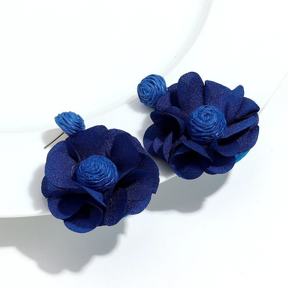 Summer Colorful Lafite Chiffon Flower Earrings for Women Boho Handwoven 3D Flower Fabric Drop Earring Beach Party Jewelry Gifts