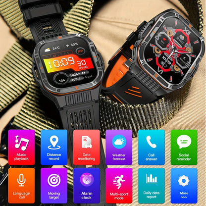 New Smart Watch Men 2.01"HD Screen 3ATM Waterproof Flashlight Health Monitor 1100mAh Battery Sport Bluetooth Call Smartwatch