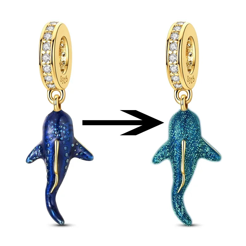 925 Sterling Silver Luminous Color-Changing Shark Dangle Charm Animals Pendant Fit Original Bracelet DIY Women Jewelry Gift