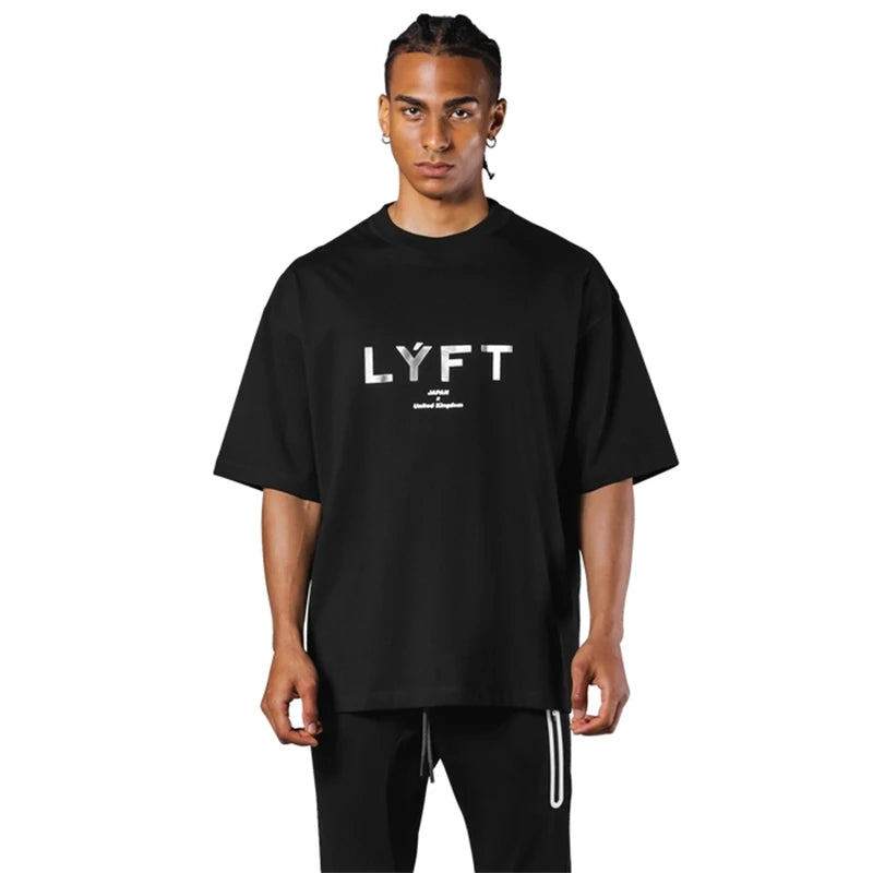 LYFT New Gym Short Sleeve Mens T Shirt Loose Fitness Muscle Men Tee Breathable Sports Training Shirts Casual Crew Neck Men's Top