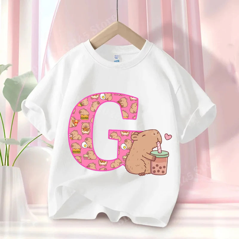 Summer Capibara Anime Letter A-Z Cute Printed Children's T-shirt Girls Short Sleeve Cotton Fashion Tops Kids Clothes Casual Tees