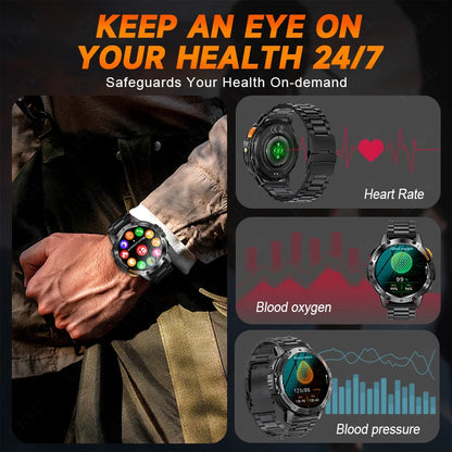 For Android ios New AMOLED Smart Watch Men with Flashlight Sports Waterproof Fitness Tracker Bluetooth Call Smartwatch Man+Box
