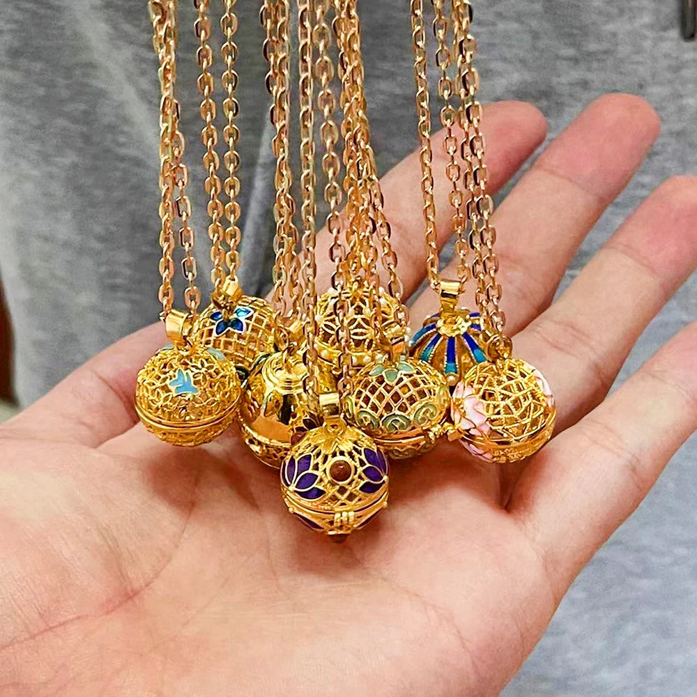 Gradient Cloisonne Aromatherapy Hollow Cage Necklace Essential Oil Diffuser Locket Pendant Music Ball Simple Women Jewelry Gift