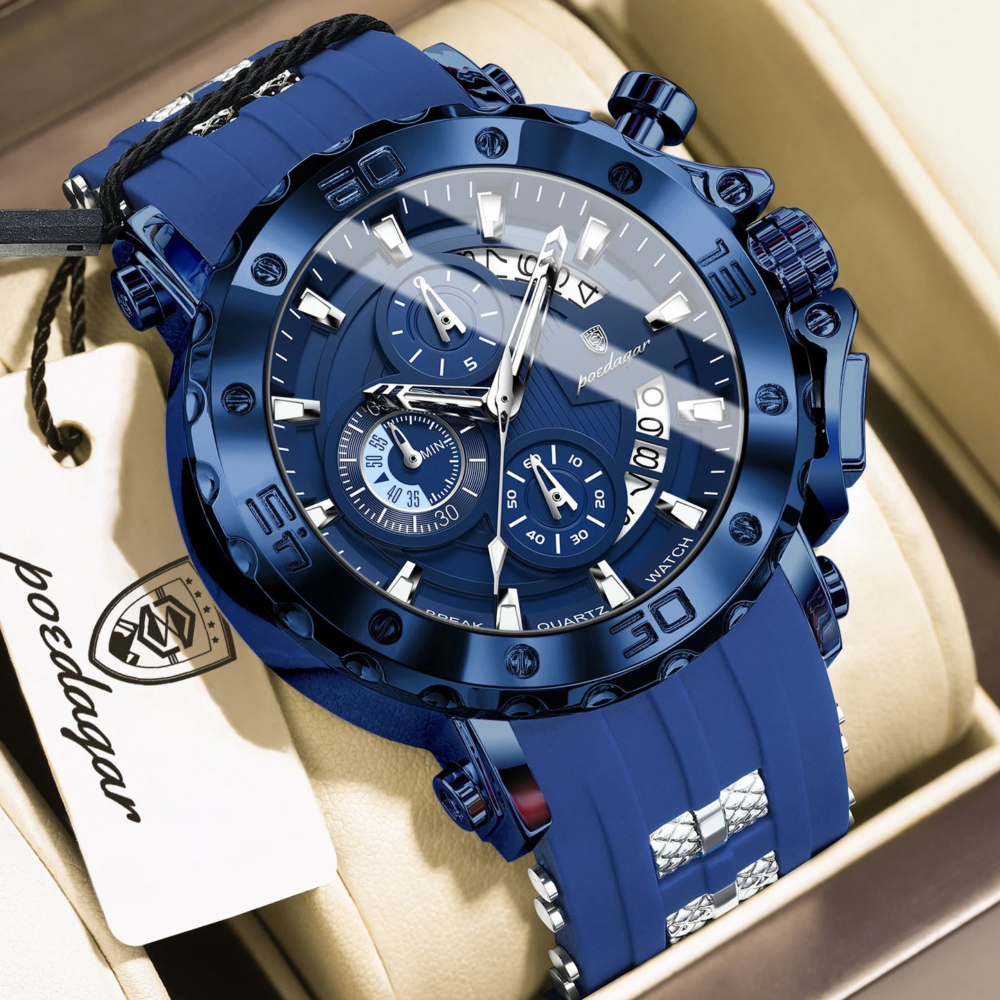 POEDAGAR Original Luxury Man Watch Chronograph Waterproof Luminous Sports Men Clock Calendar Silicone Strap Quartz Men's Watches