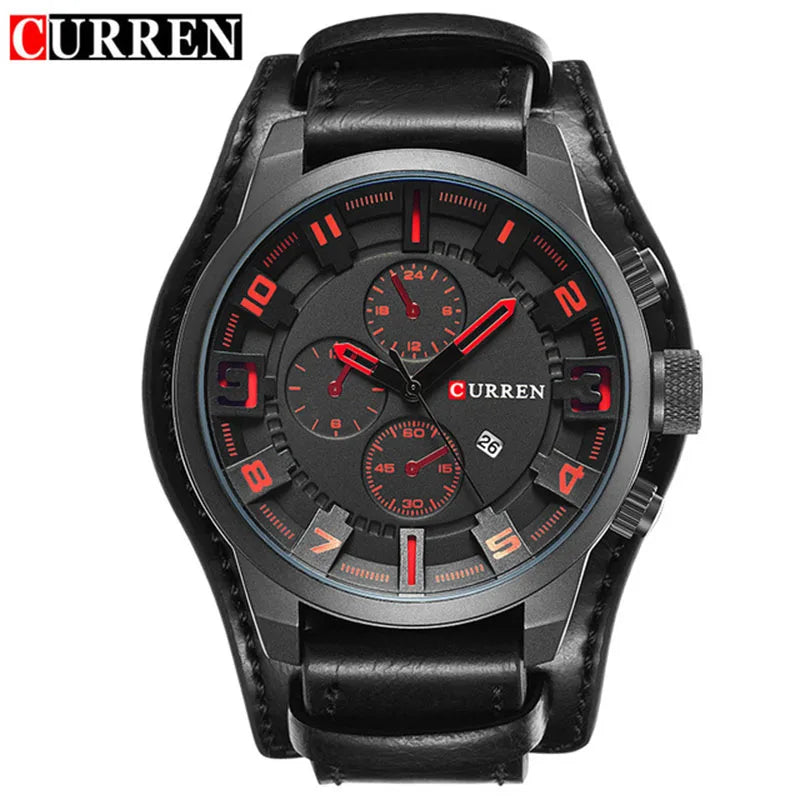CURREN 8225 Luxury Large Dial Calendar Watch, Water-Resistant Blue Light Dial Quartz Leather Watch