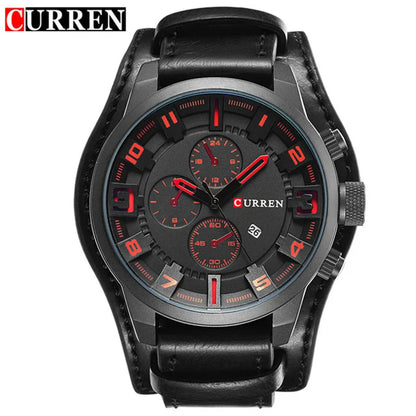 CURREN 8225 Luxury Large Dial Calendar Watch, Water-Resistant Blue Light Dial Quartz Leather Watch