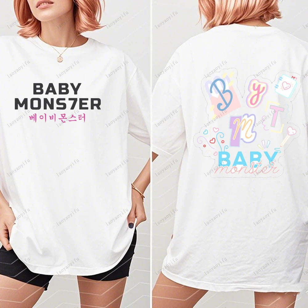 BABYMONSTER Kpop Band T-shirt Korean Fashion Summer Double Sided Tee Short Sleeve Cotton Comfortable Tshirts Women/Men Clothes