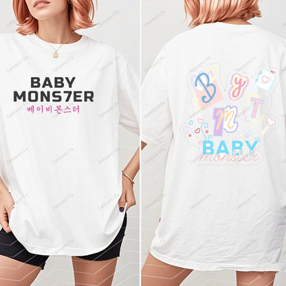 BABYMONSTER Kpop Band T-shirt Korean Fashion Summer Double Sided Tee Short Sleeve Cotton Comfortable Tshirts Women/Men Clothes