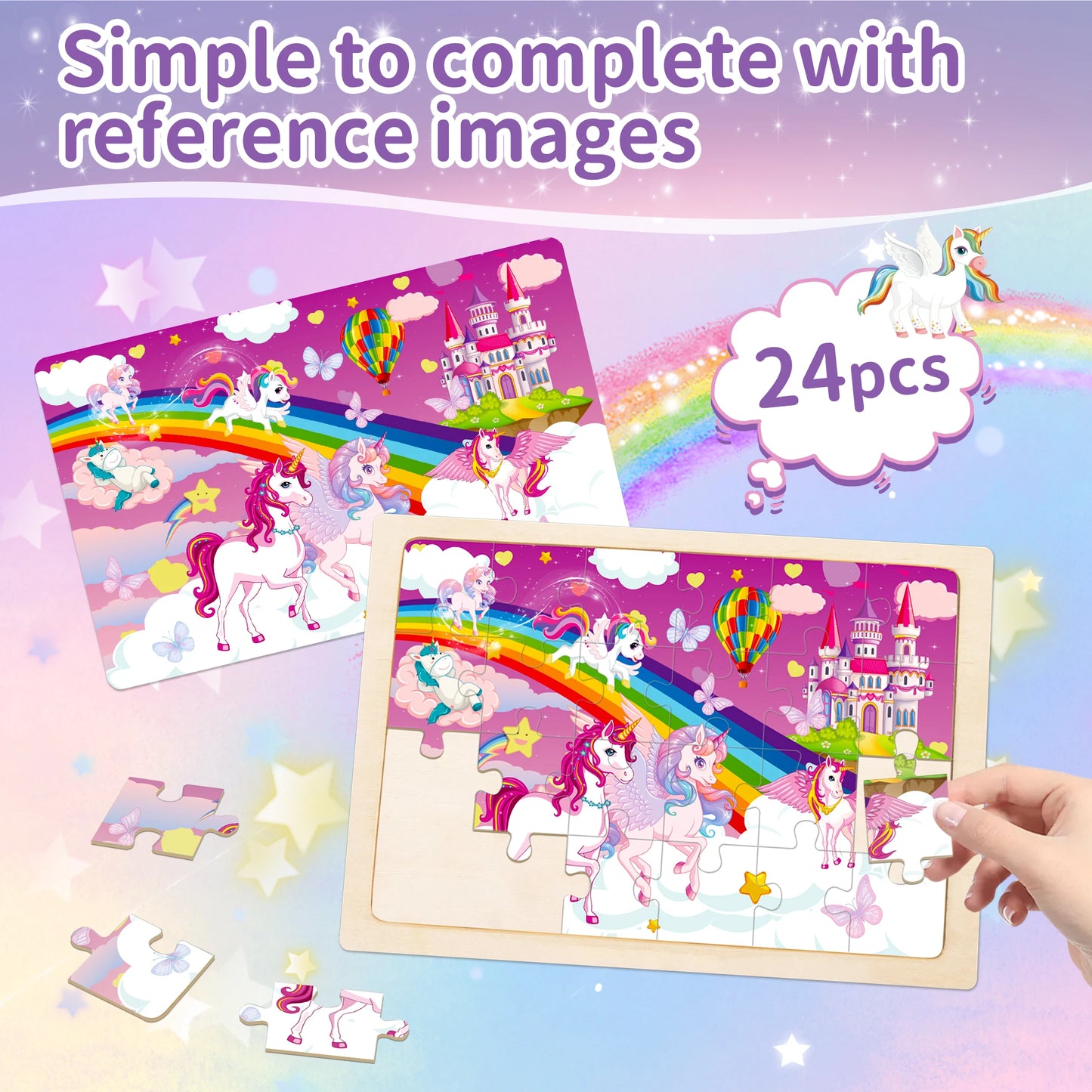 4 Packs Unicorn Princess Educational Preschool Toddler Wooden Jigsaw Puzzles Gifts for 3 4 5 6 Years Old Girls Boys