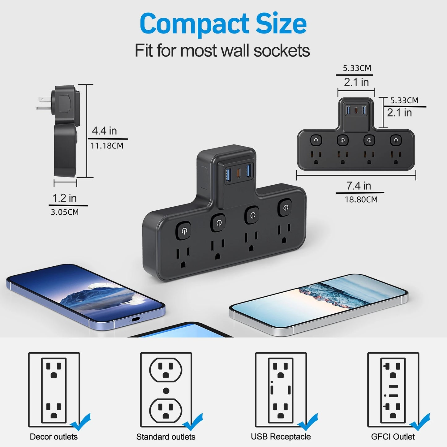 Independent switch socket extender with 3 USB ports and 20W PD fast charging, suitable for home, office, and school
