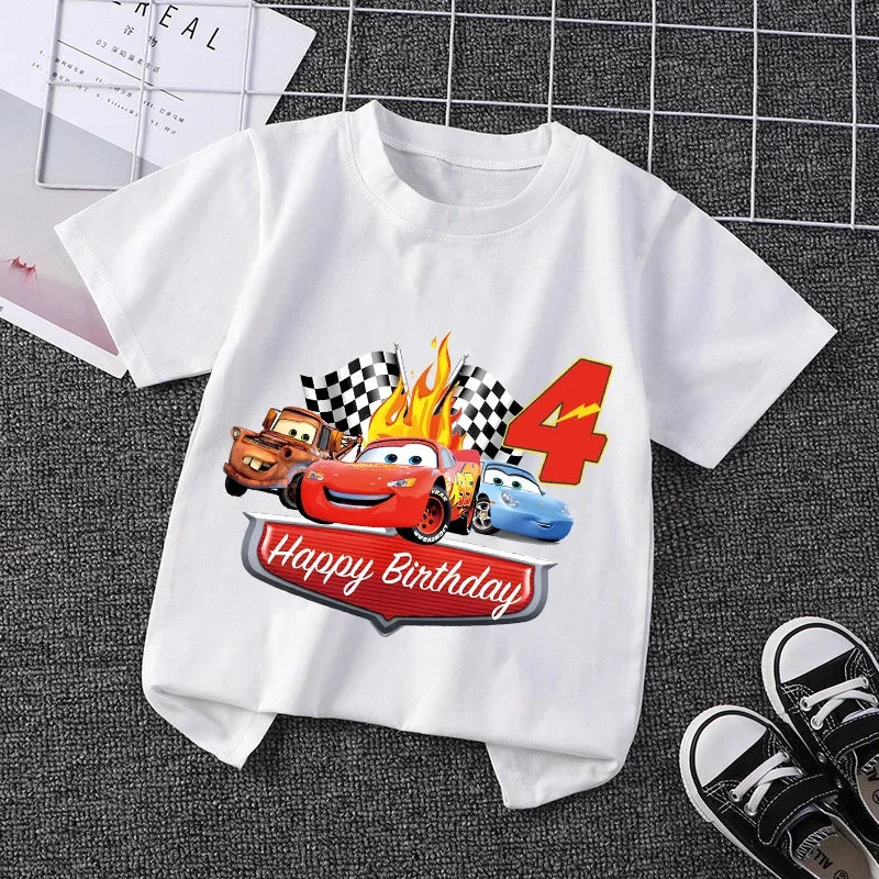 Lightning Mcqueen T-shirt for Boy Kids Clothes Birthday Number 1-9 Print Cars Tees Children Clothing Party Wear Cotton Tops Gift