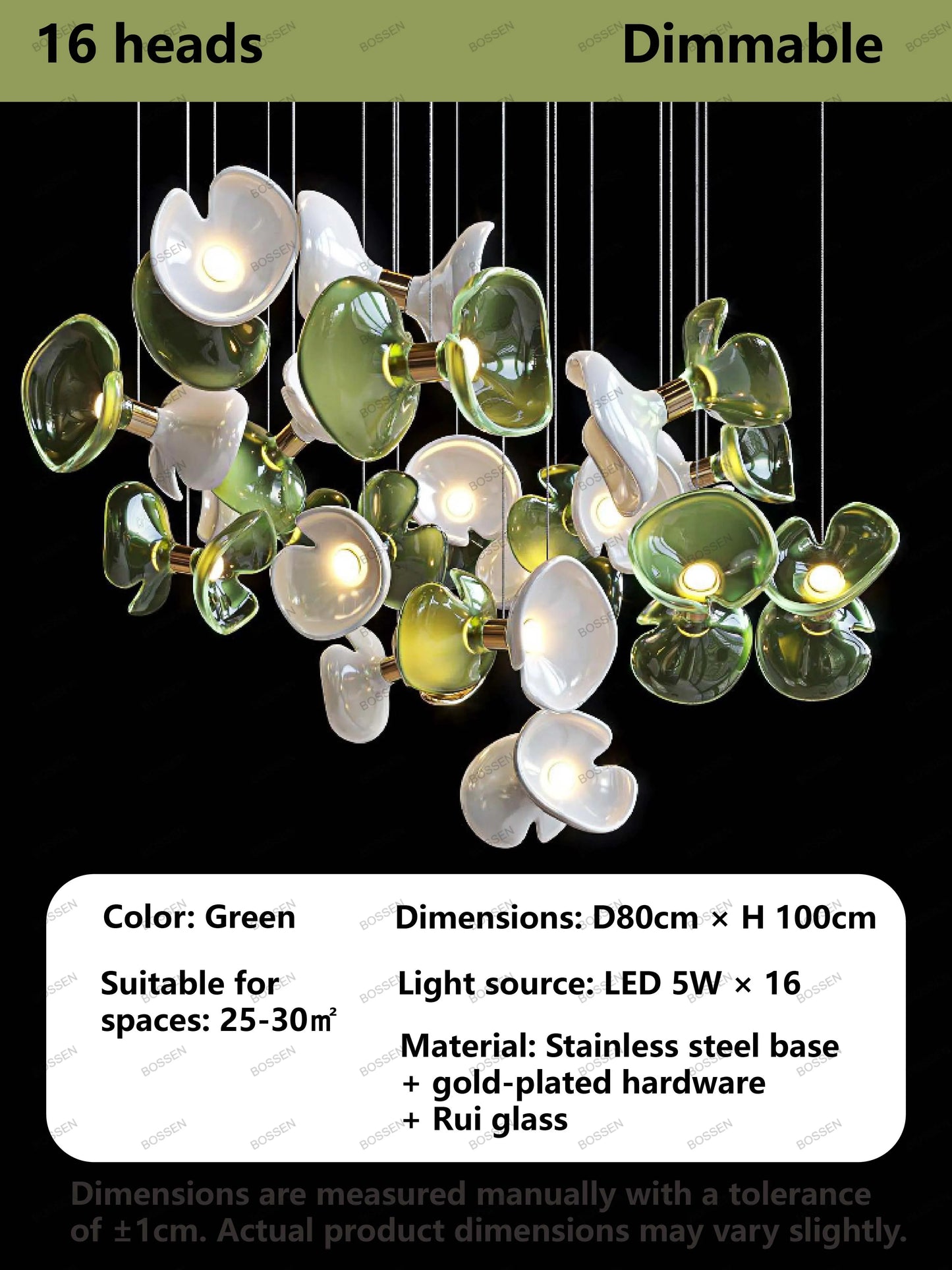 BOSSEN Light Luxury Dimmable Green Crystal Glass Chandelier Pendant Light White Gold Stainless Steel for Living Room decor