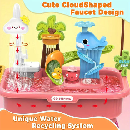 Kids Play Sink with Running Water & Electric Faucet,Water table with Pump,Tableware & Fishing Game,Toy Kitchen Sets for Kids