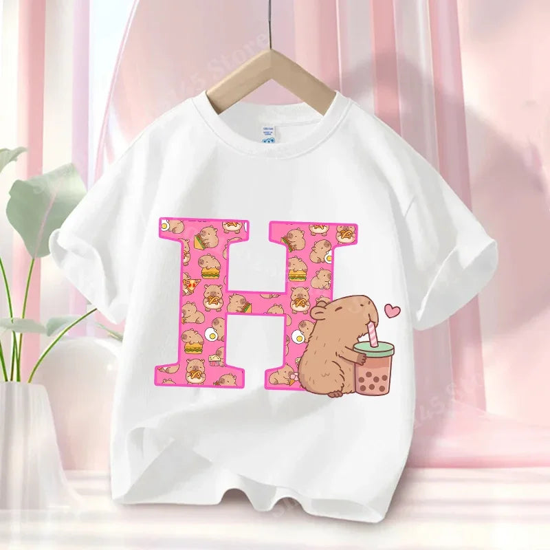 Summer Capibara Anime Letter A-Z Cute Printed Children's T-shirt Girls Short Sleeve Cotton Fashion Tops Kids Clothes Casual Tees