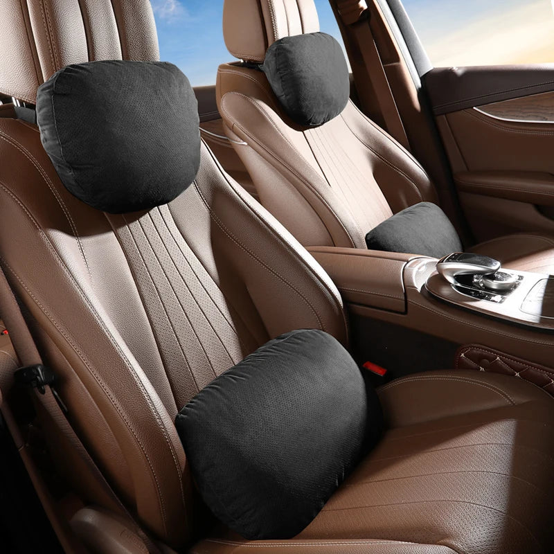 Breathable Suede Car Seat Headrest and Lumbar Pillow Adjustable Height Premium Fabric for Comfort and Stress Relief