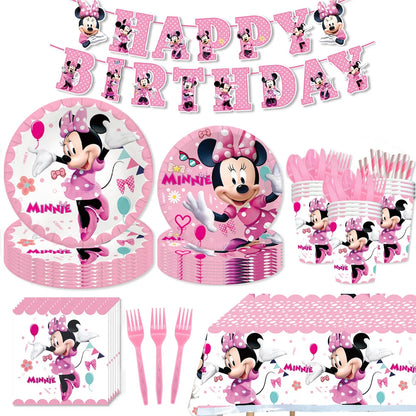 Minnie Mouse Birthday Party Decorations Tableware Set Birthday Decorations Full Set Pink Balloons Banner Candy Box Kids Favors