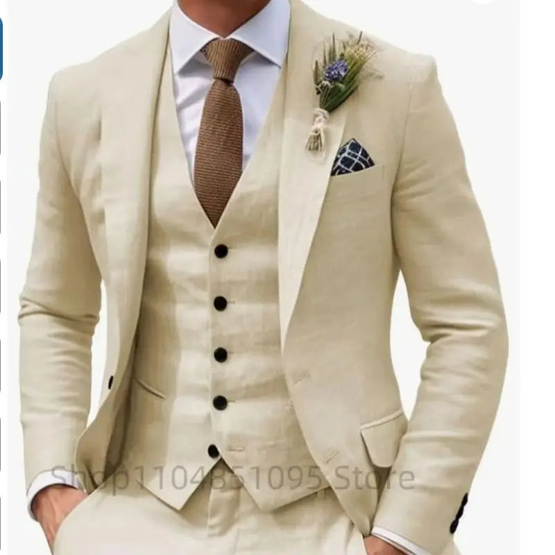 3 Piece Beige/Blue Linen Wedding Men Suits Summer Groom Tuxedos Casual Beach Man Suits Set Jacket Vest with Pants for Party Prom