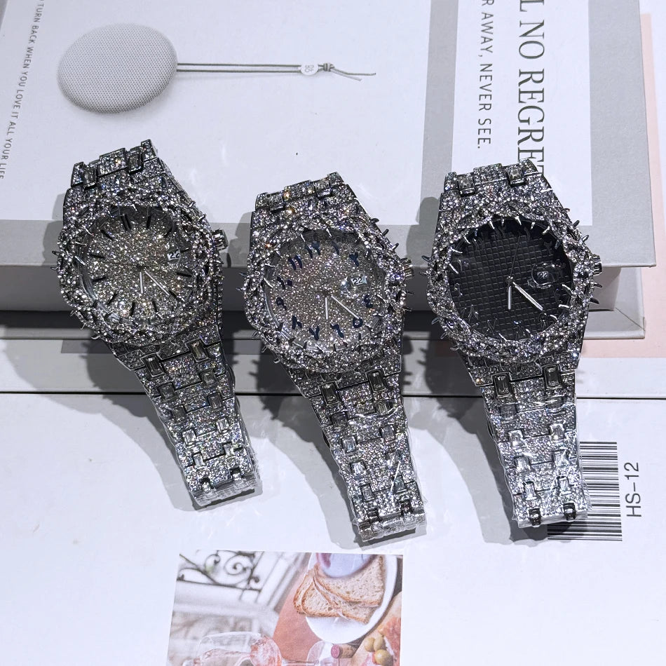 PINTIME Cool Black Watch For Men Luxury Thorn Crown Quartz Watches Fashion Hip Hop Iced Diamond Wristwatch Man Dropshipping