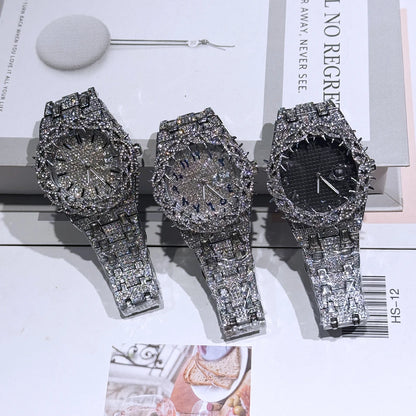 PINTIME Cool Black Watch For Men Luxury Thorn Crown Quartz Watches Fashion Hip Hop Iced Diamond Wristwatch Man Dropshipping