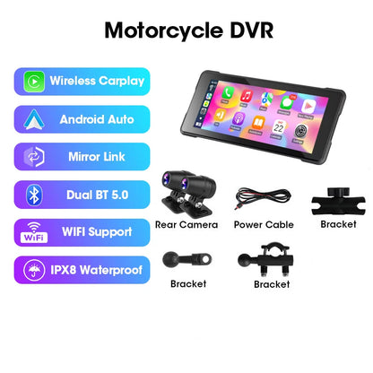 Srnubi 6.86" Motorcycle DVR or Player 1080P Dual Cam GPS Navigation Wireless Carplay Android Auto Stereo Moto Dashcam with TPMS