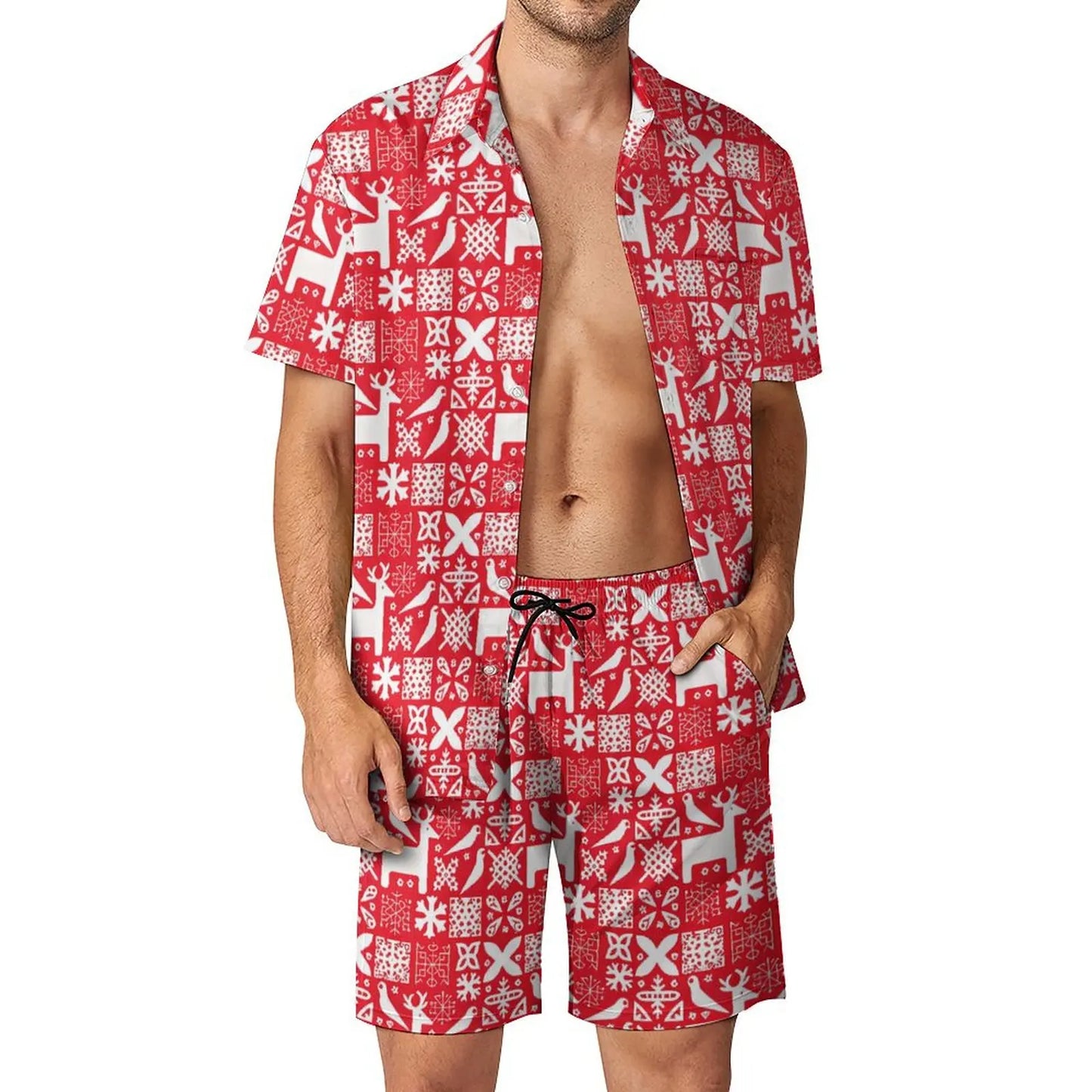2025 Christmas Men Sets Animal Print Casual Shorts Summer Novelty Beach Shirt Set Short-Sleeved Big Size Suit Christmas Gift
