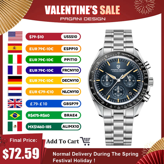 PAGANI DESIGN 2026 New Moon Men's Watches Luxury Quartz Watch For Men VK63 Chronograph AR Sapphire Mirror Ceramic Bezel Luminous