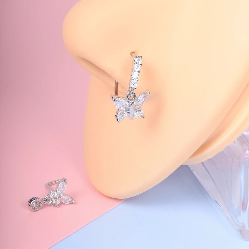 2Pcs Butterfly Pendant Dangle Nose Studs Ring Stainless Steel Zircon Indian Nose Piercing Rings Earrings Valentine Jewelry Gift