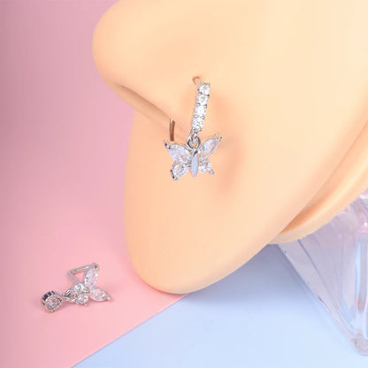 2Pcs Butterfly Pendant Dangle Nose Studs Ring Stainless Steel Zircon Indian Nose Piercing Rings Earrings Valentine Jewelry Gift
