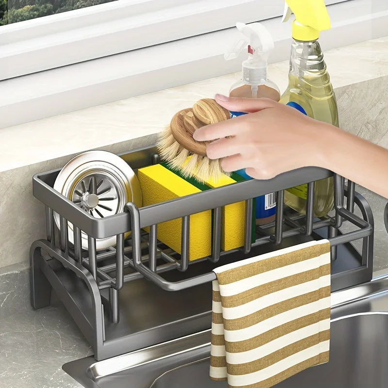 1 Set Durable Sponge Drain Rack Dish Box Kitchen Organizer with Brush Detergent Holder Sink Faucet Rack for Home Bathroom
