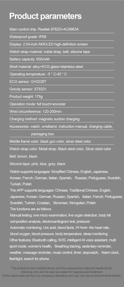 2025 New Smart Watch 2.04-inch AMOLED Screen Bluetooth Call IP68 Waterproof 650mA Sports Smartwatches Men Android Military-Grade