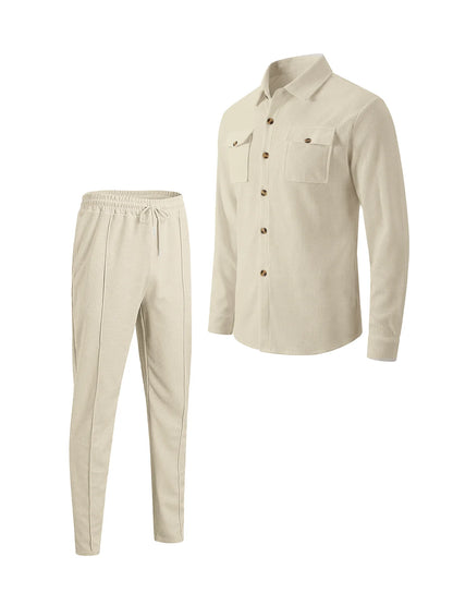 New Men's Four Seasons Outdoor Trendy Casual Waffle Solid Color workwear Button Pocket Coat Collar Top Pants Two Piece Set