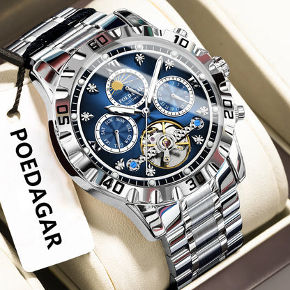 POEDAGAR Military Luxury Men Clock Mechanical Waterproof Man Watch Hollow Tourbillon Automatic Stainless Steel Men's Watches+Box