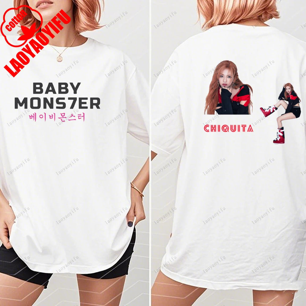 BABYMONSTER Kpop Band T-shirt Korean Fashion Summer Double Sided Tee Short Sleeve Cotton Comfortable Tshirts Women/Men Clothes