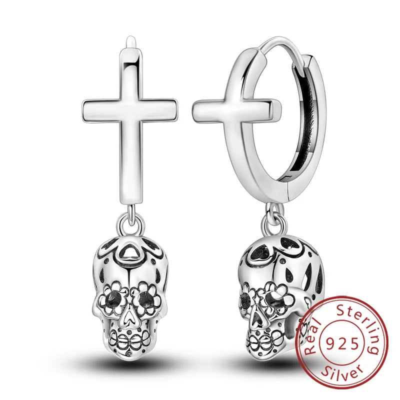 Halloween Earrings Ring Necklace 925 Sterling Silver Sparkling Skull Bow Stud Drop Earring For Women Men Halloween Party Jewelry