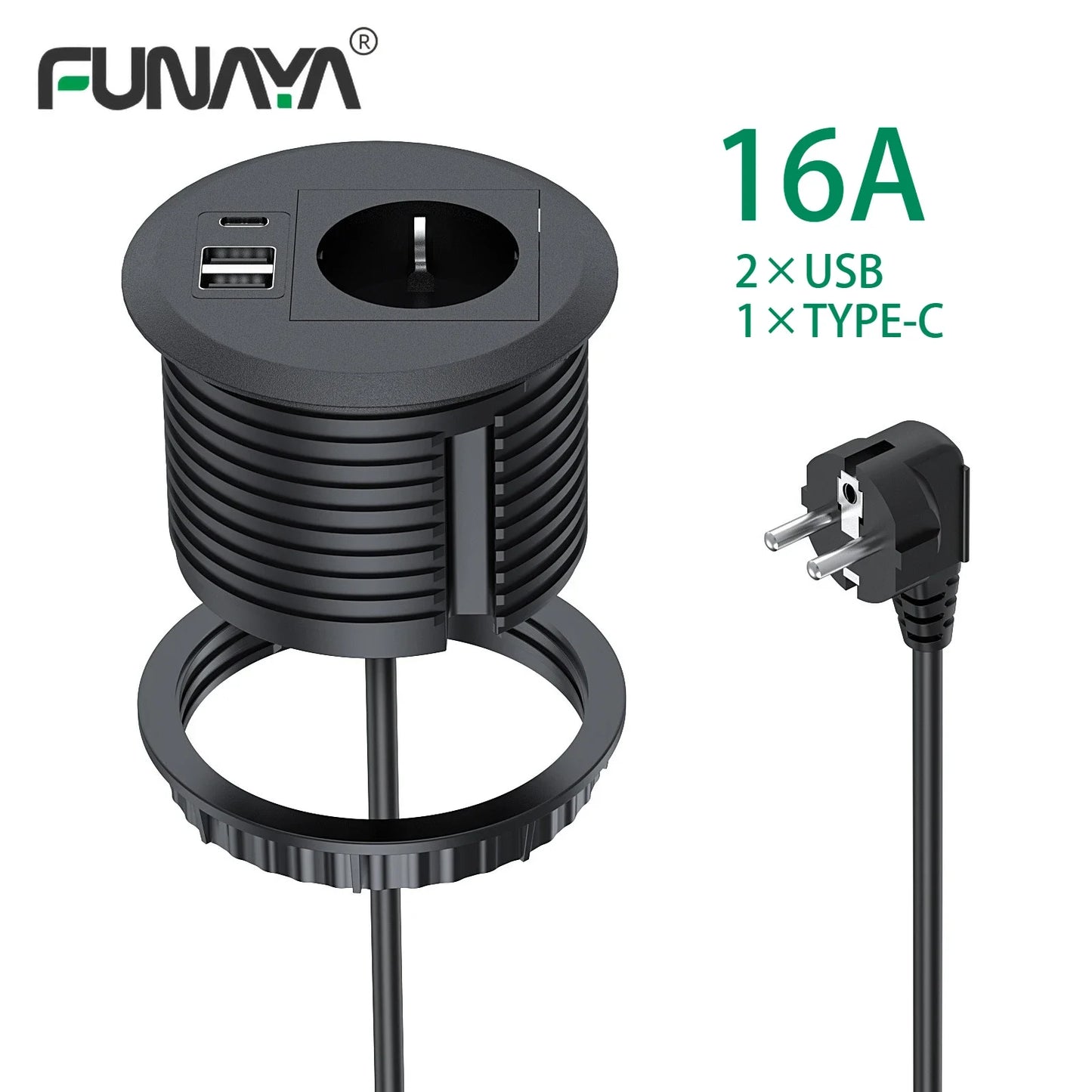 EU Built-in Desktop USB Socket with Type-c Smart Round Grommet table Electrical Power Recessed Outlet 16A for Office Furniture