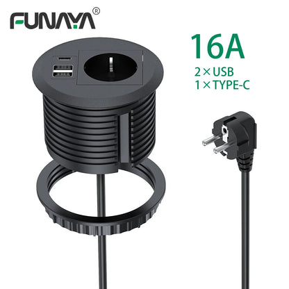 EU Built-in Desktop USB Socket with Type-c Smart Round Grommet table Electrical Power Recessed Outlet 16A for Office Furniture