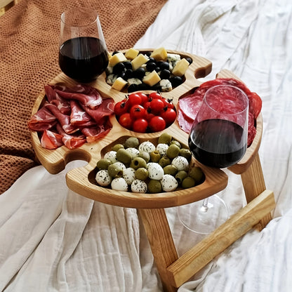 Foldable Wooden Picnic Table Outdoor Red Wine Table With Glass Cup Holder 2in1 Portable Fruit Plate Snack Desk For Beach Garde