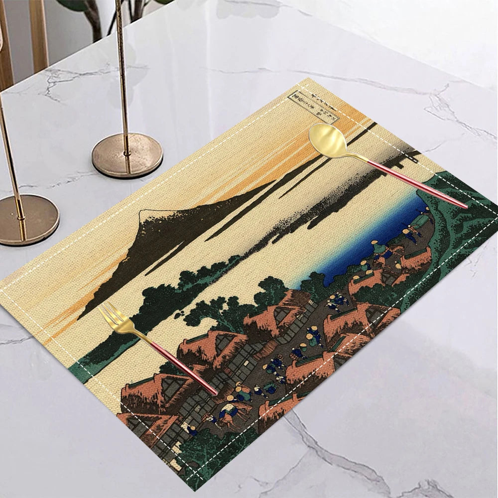 Japanese Ukiyo-e Style Linen Placemat Non Slip Table Mats Rectangular Non Slip Dining Table for Kitchen Home Decor Essentials