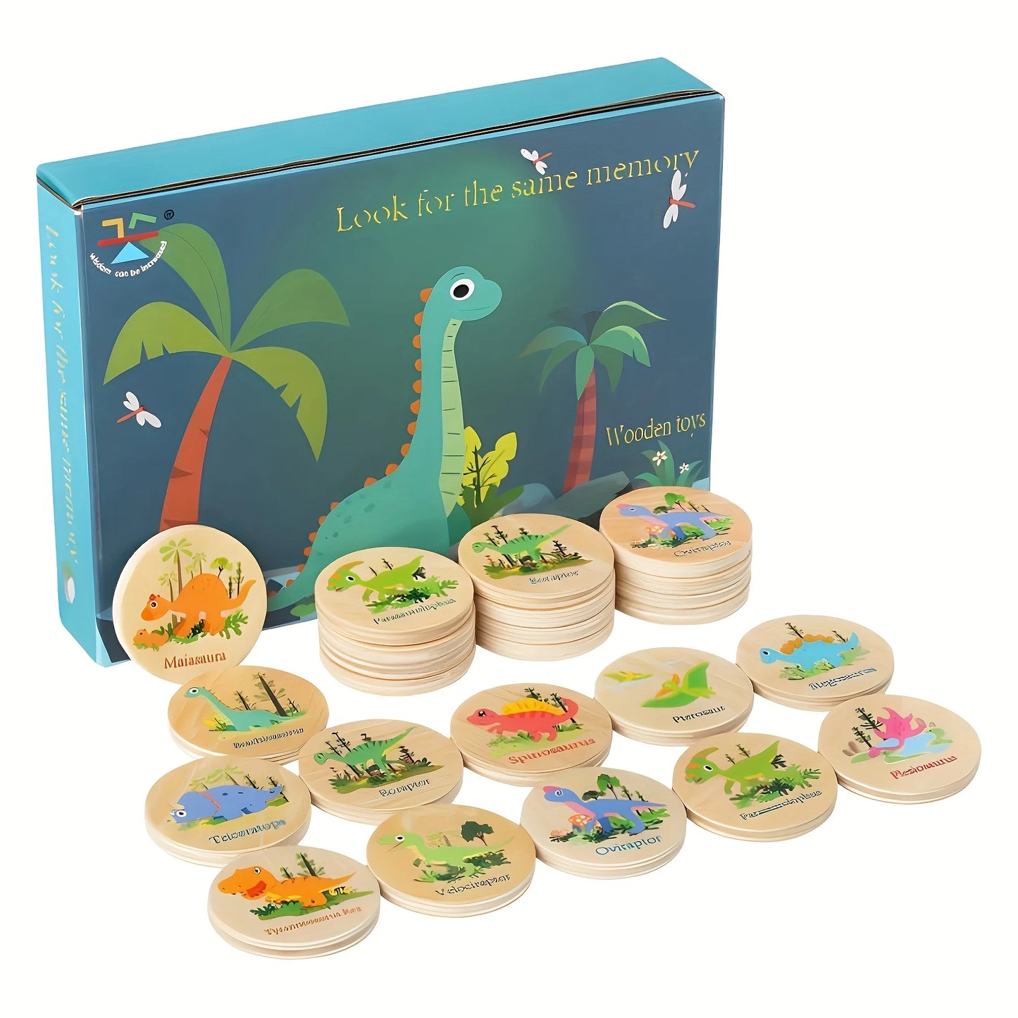 Children's Wooden Memory Matching Game with Educational Dinosaur, Animal, and Ocean-Themed Toys to Find the Same Ones