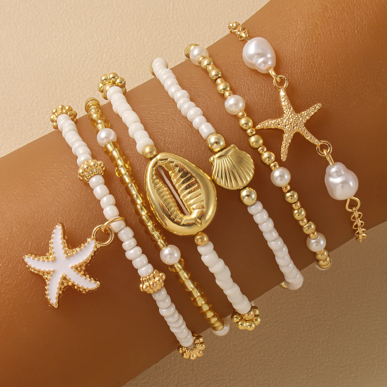 Vintage Seed Bead Stacked Bracelet Set Starfish Shell Embellishment Bracelets Elegant Women's Summer Beach Party Ideal Jewelry