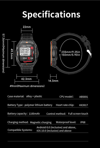 New Smart Watch Men 2.01"HD Screen 3ATM Waterproof Flashlight Health Monitor 1100mAh Battery Sport Bluetooth Call Smartwatch