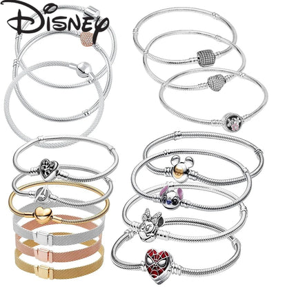 2025 New Disney Mickey Mouse Spider Man Heart Clip Original 925 Silver Plated Bracelet Love Buckle Bead Decoration DIY Women's