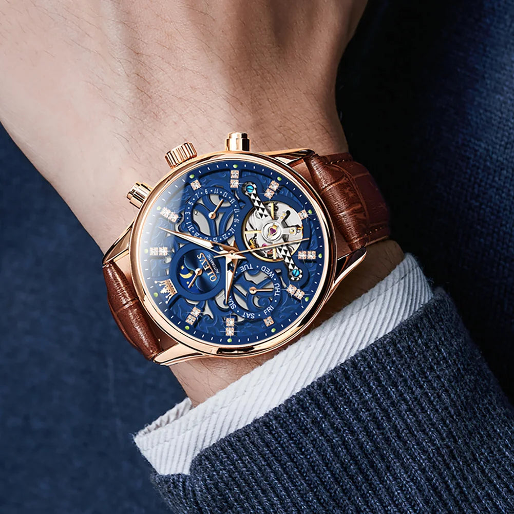 OLEVS 6658 Fashion Men's Watches Hollow Flywheel Automatic Mechanical Wristwatch Leather Strap Waterproof Luminous Moon Phase