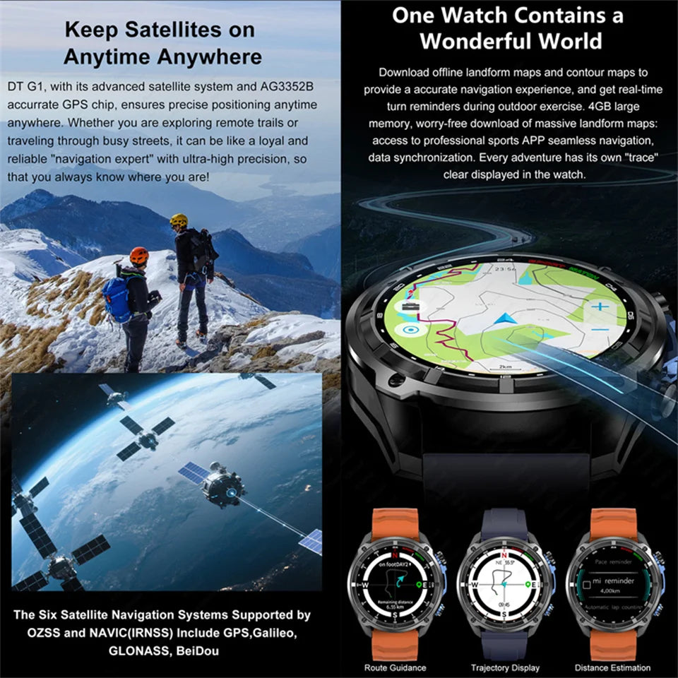 HD Vision DT G1 Smart Watch Ultra-clear Display GPS Navigation 4GB Storage Offline Map Bluetooth call Sports Health Monitoring