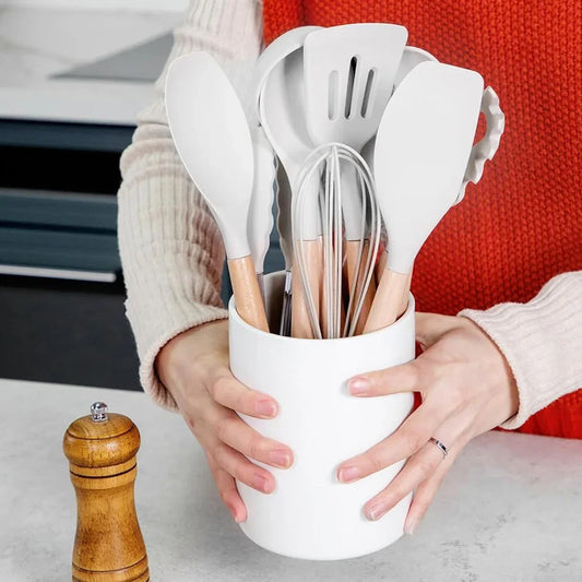 12Pcs Kitchen Utensil Set Silicone Spatula Set Wooden Handle Heat-Resistant Cookware Spatula Spoon Brush Whisk for Home Kitchen