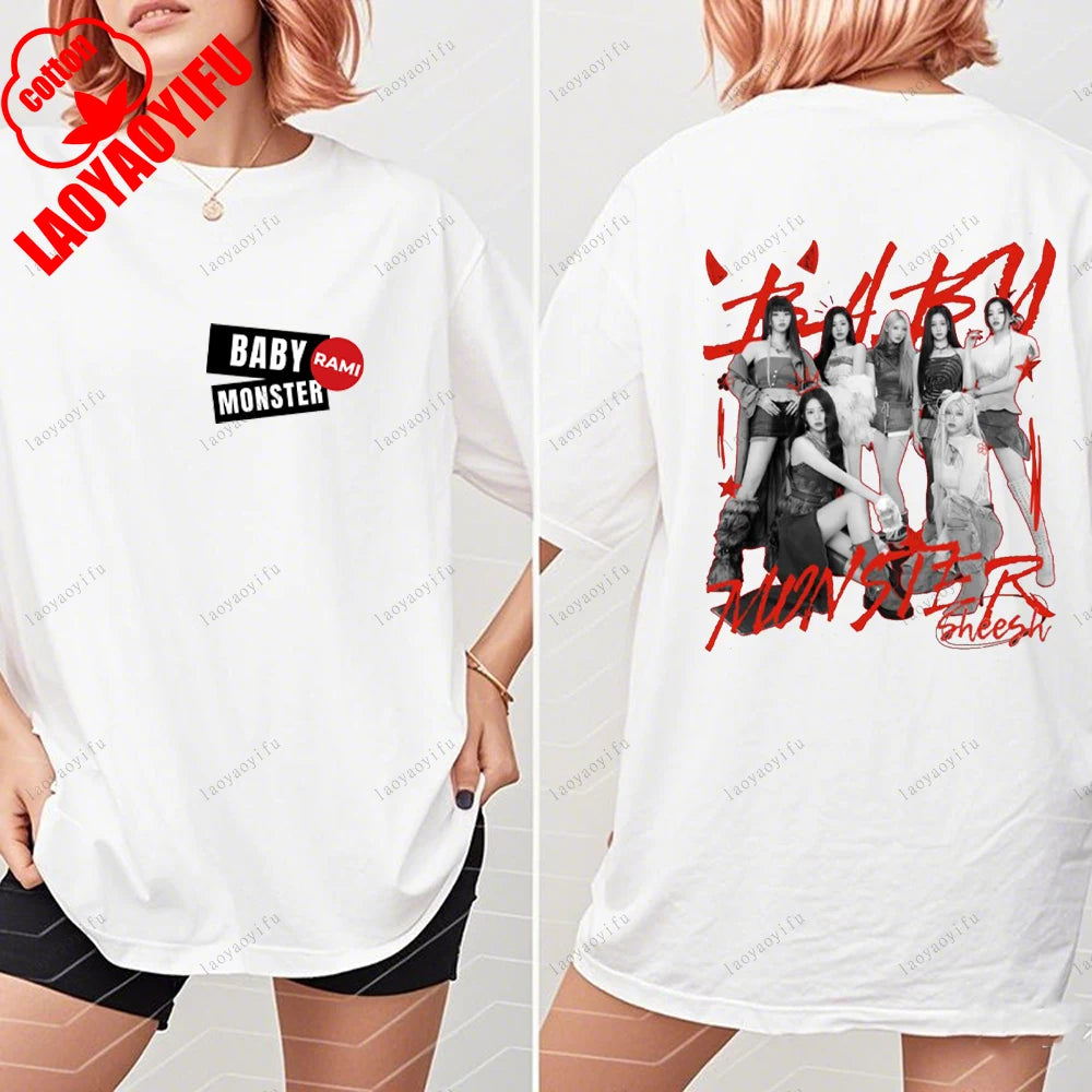 BABYMONSTER Kpop Band T-shirt Korean Fashion Summer Double Sided Tee Short Sleeve Cotton Comfortable Tshirts Women/Men Clothes