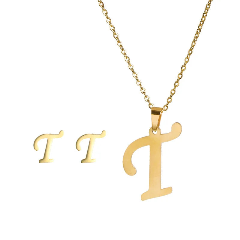 A-Z 26 Stainless Steel Initial Necklace and Earring Jewelry Set Letter Pendant Chain Alphabet Mom Christmas Gift
