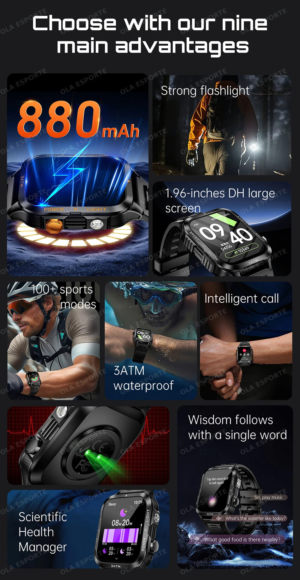 Smart Watch For Android IOS AMOLED Screen Bluetooth Call Fitness Clock 100+ Sports Modes Pedometer 880mAh Battery Men Smartwatch