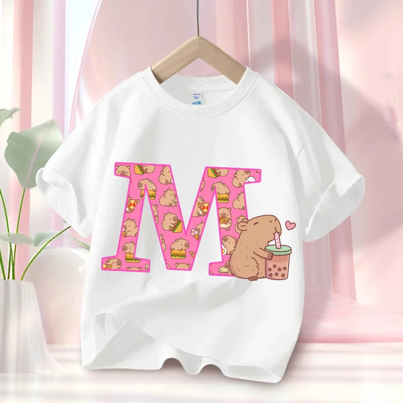 Summer Capibara Anime Letter A-Z Cute Printed Children's T-shirt Girls Short Sleeve Cotton Fashion Tops Kids Clothes Casual Tees