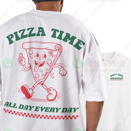 Men Cotton T-Shirt Funny Pizza Time graphic print T Shirt Unisex O-neck short-sleeved Tee Oversized casual Tshirts streetwear